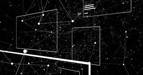 Floating network of white nodes and lines forming mesh in digital space, with Stock Illustration