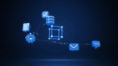 Floating node cloud of metal agent icons linked across deep navy space seamless Stock-Footage 342759229