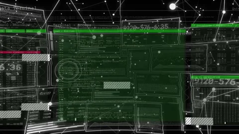 Floating nodes, fading green terminal, animating bars and scrolling code, Stock Footage 314745082