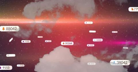 Floating notification badges drifting across cosmic sky, showing bell, thumbs up Stock Photos