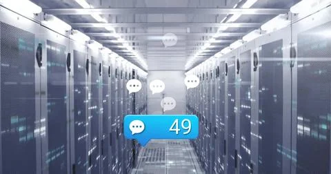 Floating notification bubble showing 49 in data center corridor, with server Stock Photos