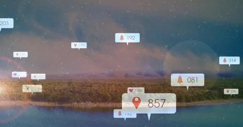 Floating notification bubbles and location pins hovering over lakeshore dusk, Stock Photos