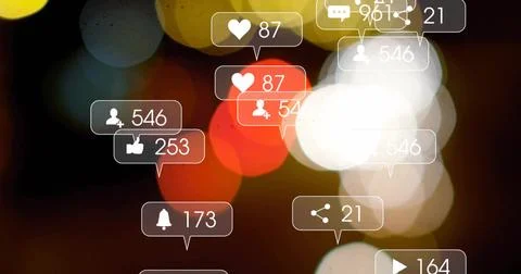 Floating notification bubbles appearing on dark bokeh digital interface, with Stock Illustration