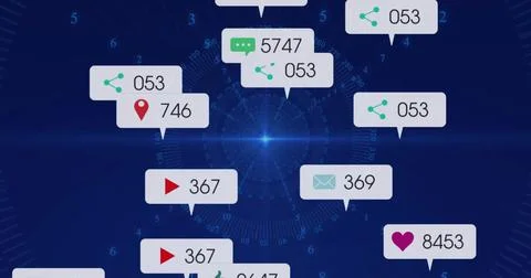 Floating notification bubbles clustering over radial grid dashboard, showing イラスト素材
