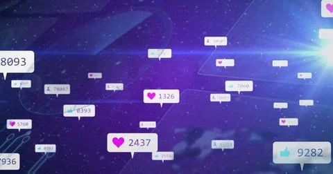 Floating notification bubbles displaying heart, thumbs-up, follower counts over Illustrazione stock