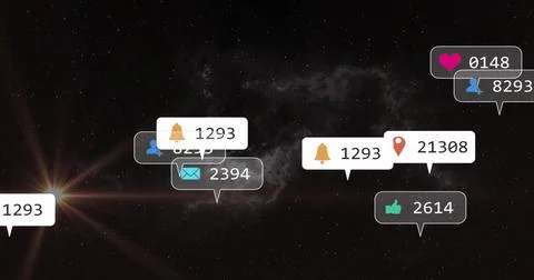 Floating notification bubbles drifting across starfield, showing icon counters 스톡 일러스트