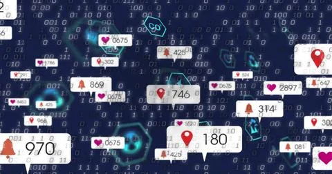 Floating notification bubbles drifting across binary matrix, showing counters, Stock Photos