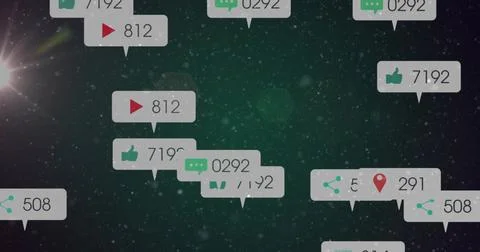 Floating notification bubbles drifting over cosmic backdrop, with thumbs up,  Fotos Stock