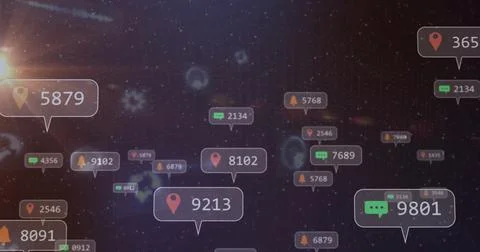 Floating notification bubbles drifting through data network, with map-pin, chat, Stock Photos