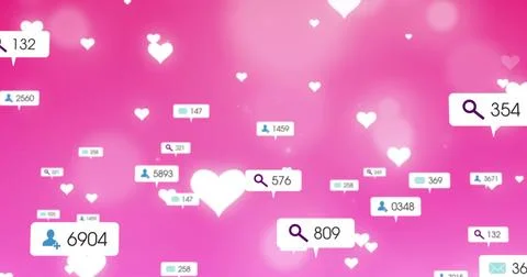 Floating notification bubbles gliding over pink backdrop, featuring magnifier, 스톡 일러스트