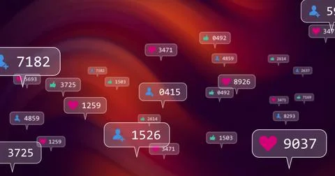 Floating notification bubbles showing follower, heart and thumbs-up counts over 스톡 일러스트