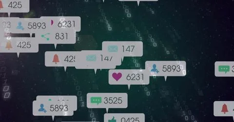 Floating notification bubbles showing social media icons with counters over dark Stock Illustration