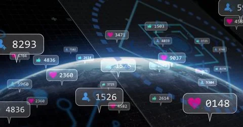 Floating notification bubbles swirling above Earth globe in cyberspace, with Stock Photos