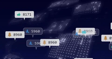 Floating notification callouts hovering above navy LED grid, with likes bell Stock Illustration