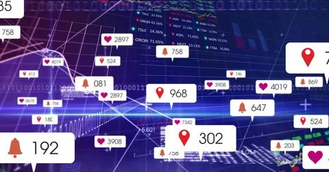 Floating notification icons displaying numeric labels over virtual network grid, 写真素材