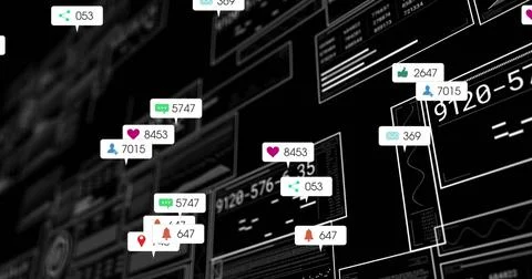 Floating notification pop-up boxes appearing in virtual 3D dashboard, with Illustrazione stock