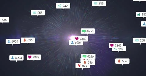 Floating notification tags orbiting purple-white light burst in digital space Stock Photos