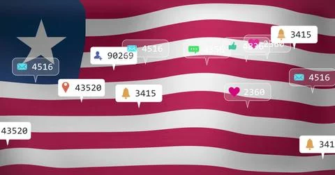 Floating notifications hovering over rippling stars-and-stripes flag, with en イラスト素材