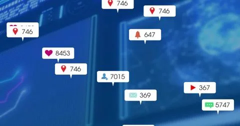 Floating notifications moving on digital interface showing pin heart bell play Stockillustratie