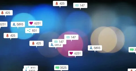 Floating notifications over interface showing bell, envelope, heart, follower, Illustrazione stock