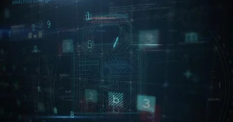 Floating numbers and data on digital lock interface representing cybersecurity Stock Photos
