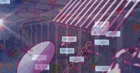 Floating numeric bubbles pulsing over analytics dashboard, with map-pin icons Stock Photos