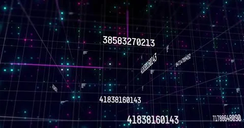 Floating numeric codes and teal pink luminous points filling 3D grid space, w Stock Illustration