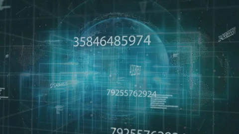 Floating numeric codes starting 3D globe emerging and rotating while grid lines Stock Footage 313242301