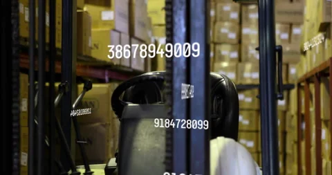 Floating numeric data initiating inventory scan, forklift moving down aisle Stock Footage 310863764