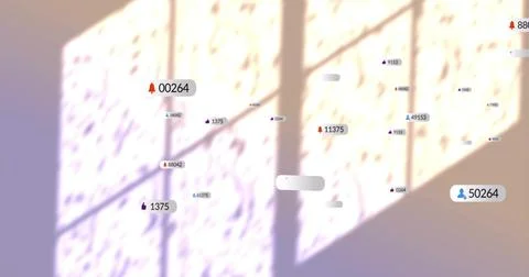 Floating numeric labels and status icons over sunlit wall with window shadows Foto stock