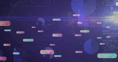 Floating numeric labels, charts and map silhouettes hovering in starfield with Foto stock