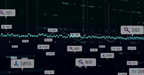 Floating numeric labels hovering over data UI with search, user, envelope icons 스톡 사진