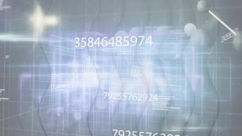 Floating numeric sequences drifting through translucent 3D grid under glowing Stock Footage 309286189