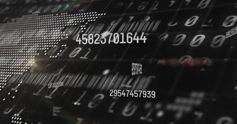 Floating numeric string drifting in data space with binary digits barcode bars Stockfoto's