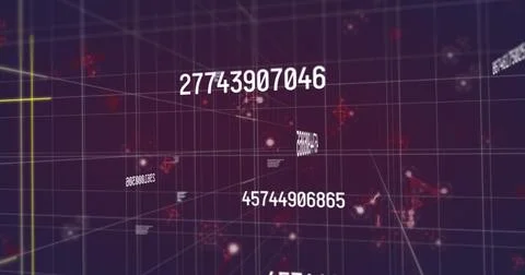 Floating numeric string moving through network, with grid lines, node clusters Stockillustratie