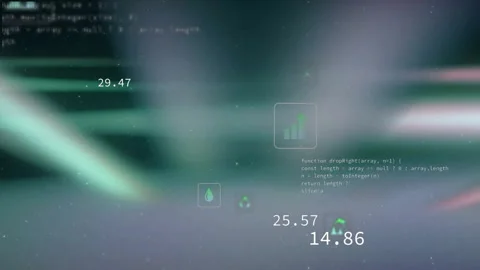 Floating numeric values, icons drifting across blurred streaks with code snippet Stock Footage 309100678