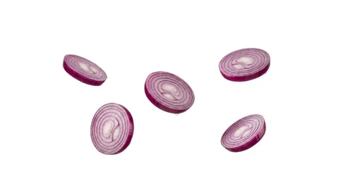 Floating onion slices isolated on white Stock Footage 339340707