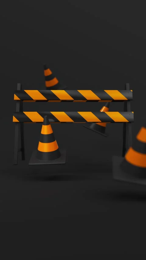 Floating orange black Traffic cones and barrier on black background. Safety Stock Footage 313597010