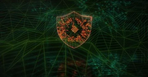Floating orange shield icon glowing within neon-green wireframe mesh, with Stock Illustration