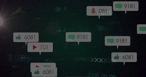 Floating over digital binary code, notification icons and numbers in animation Stock Footage 304010871