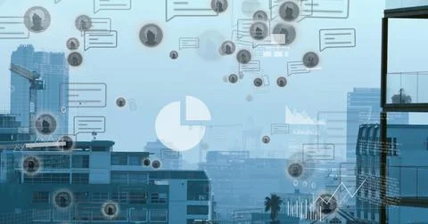 Floating overlays showing chat bubbles and user icons over coastal skyline, with Stock Photos