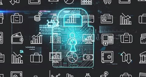 Floating padlock icon displaying circuit patterns, person silhouette, chart Stock Photos