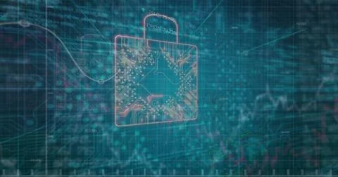 Floating padlock icon hovering over teal grid interface, showcasing circuit Stock Photos