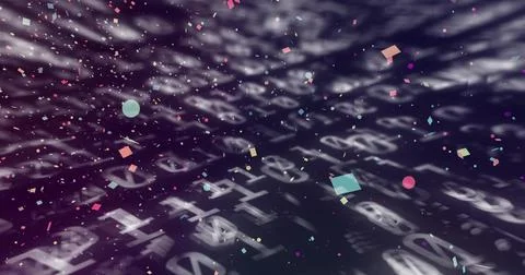 Floating pale alphanumeric characters and colorful confetti creating digital イラスト素材