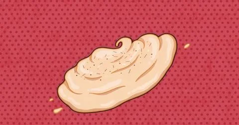 Floating pale beige pancake blob hovering against red polka-dot backdrop, with Stock Illustration