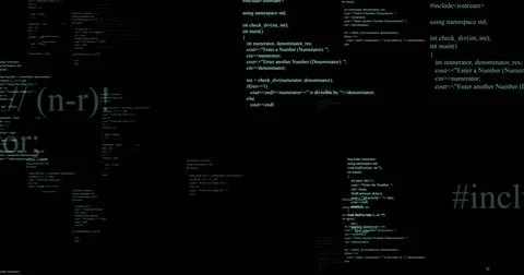 Floating pale green code fragments forming layered view in terminal, with C++ Stock-Fotos
