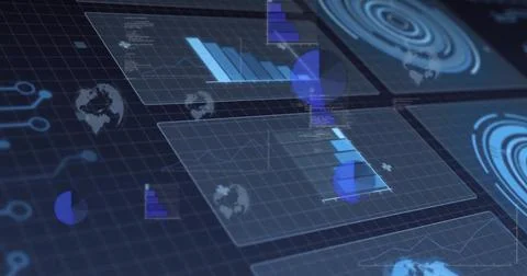 Floating panels displaying bar, pie and line charts, with world map icons in Stock Photos