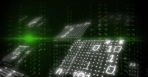 Floating panels displaying binary code in dark void, with green numeric rain and Illustrazione stock