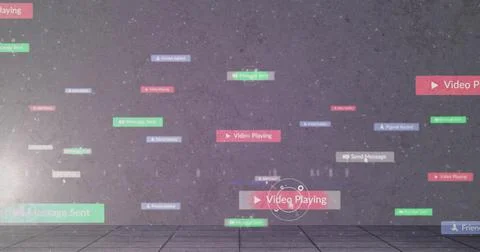 Floating panels hovering above tiled virtual floor, surrounding central red Stock Illustration