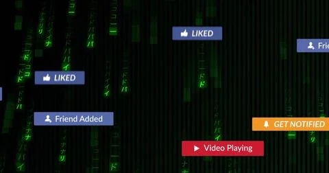 Floating panels hovering in code matrix, with blue likes, friends, orange bell 스톡 사진